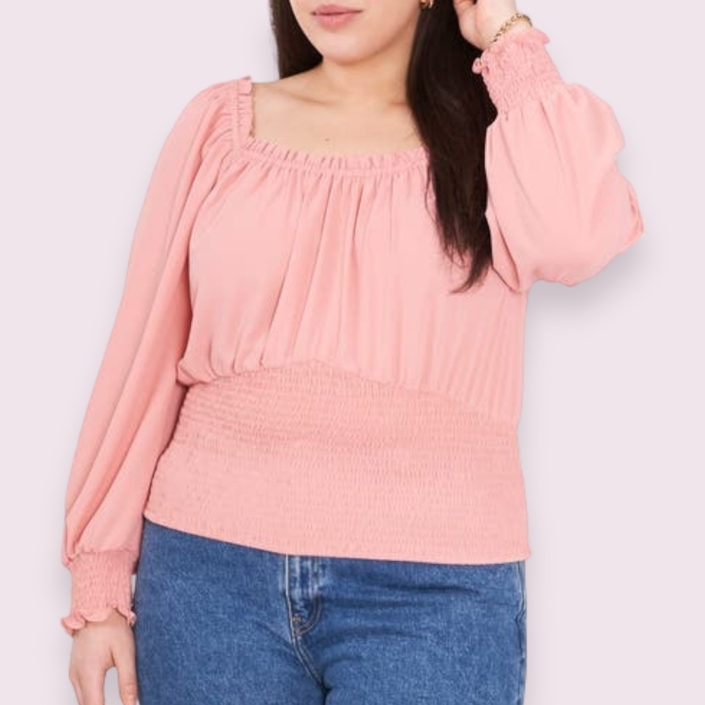NEW 1. STATE Eliza Smocked Pink Blush Crepe Blouse Plus Size 2X Cottagecore